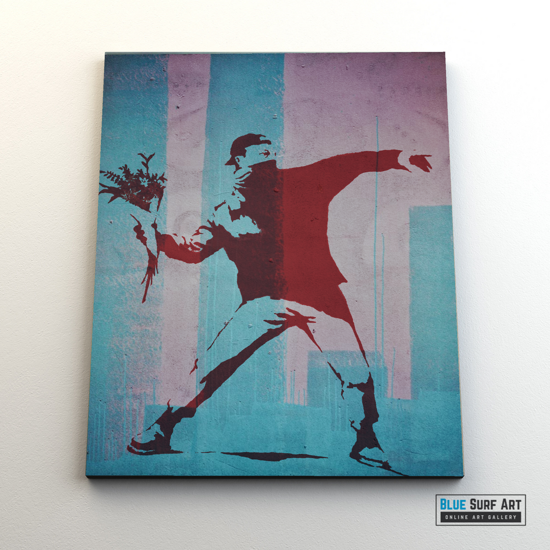 Banksy Flower Thrower, Banksy wall art, Street art painting, oil on canvas, living room art