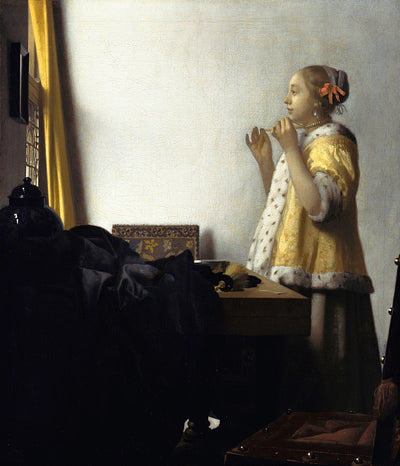 Woman with a Pearl Necklace by Johannes Vermeer Reproduction Painting by Blue Surf Art