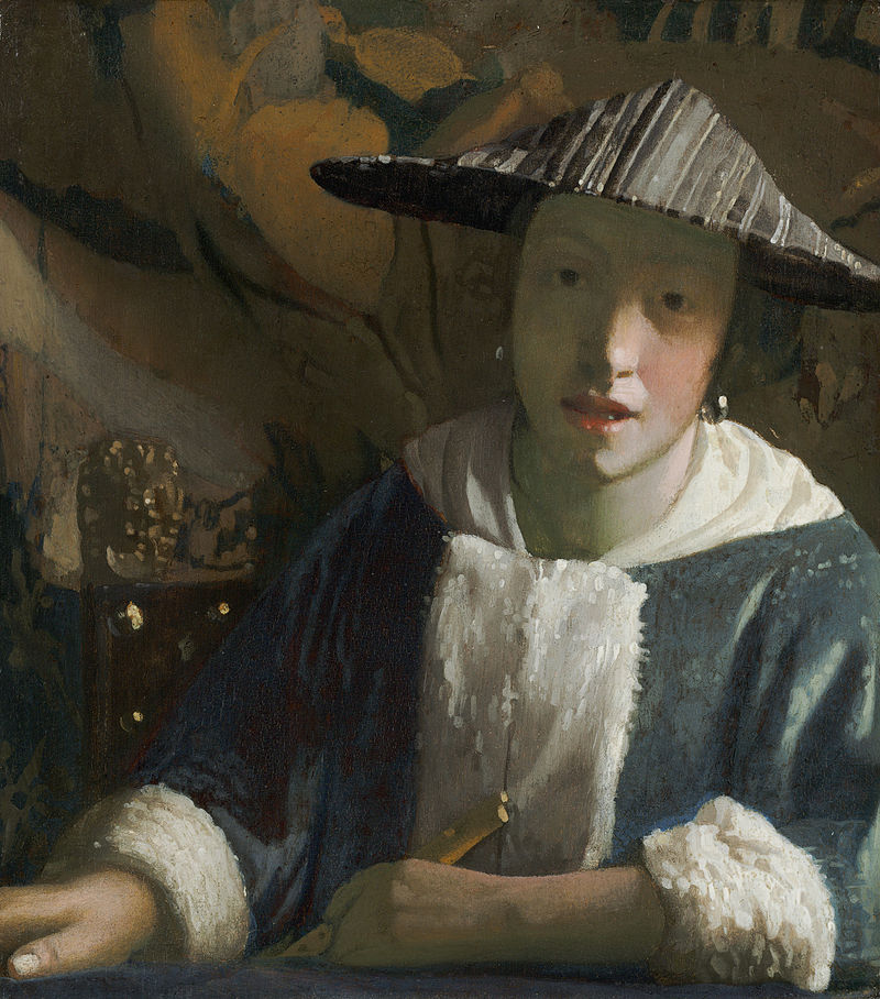 Girl with a Flute by an Open Window  by Johannes Vermeer Reproduction Painting by Blue Surf Art