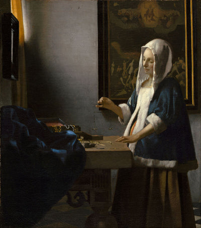 Woman Holding a Balance by Johannes Vermeer Reproduction Painting by Blue Surf Art