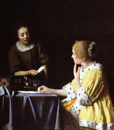 Mistress and Maid  by Johannes Vermeer Reproduction Painting by Blue Surf Art