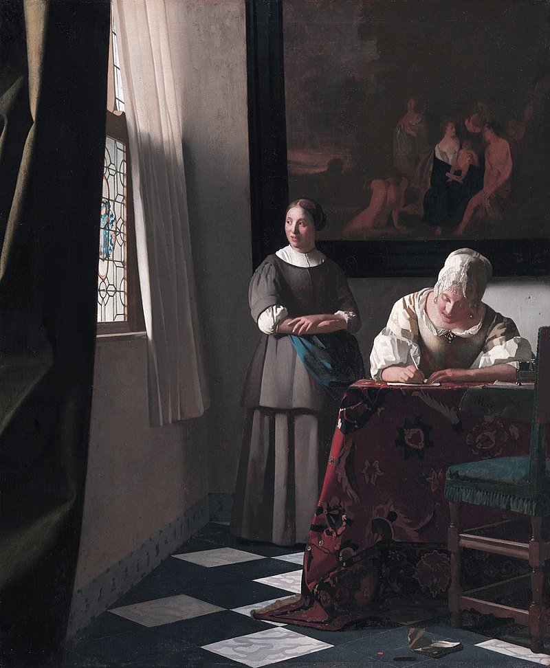 Lady Writing a Letter with her Maid  by Johannes Vermeer Reproduction Painting by Blue Surf Art
