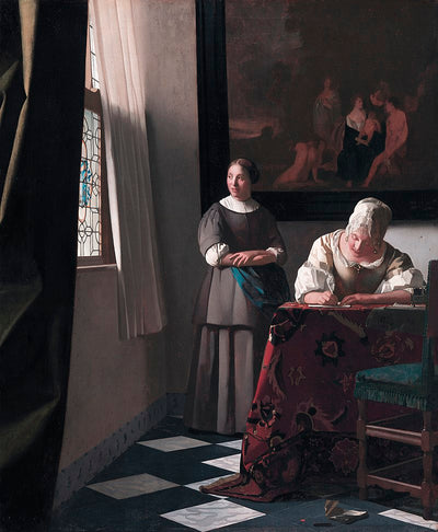 Lady Writing a Letter with her Maid  by Johannes Vermeer Reproduction Painting by Blue Surf Art