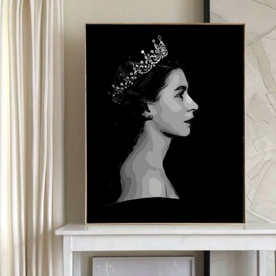 Queen Elizabeth II British Queen Wall Art 100% Handmade Painting, Pop Art, Black and White Painting