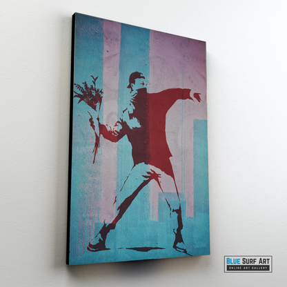 Banksy Flower Thrower, Banksy wall art, Street art painting, oil on canvas, living room art