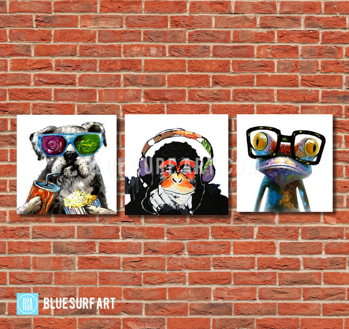 Frog Monkey and Puppy Wall Art Set 100% Hand Painted Oil Painting on Canvas - Wall Art Home Decor -  red bricks