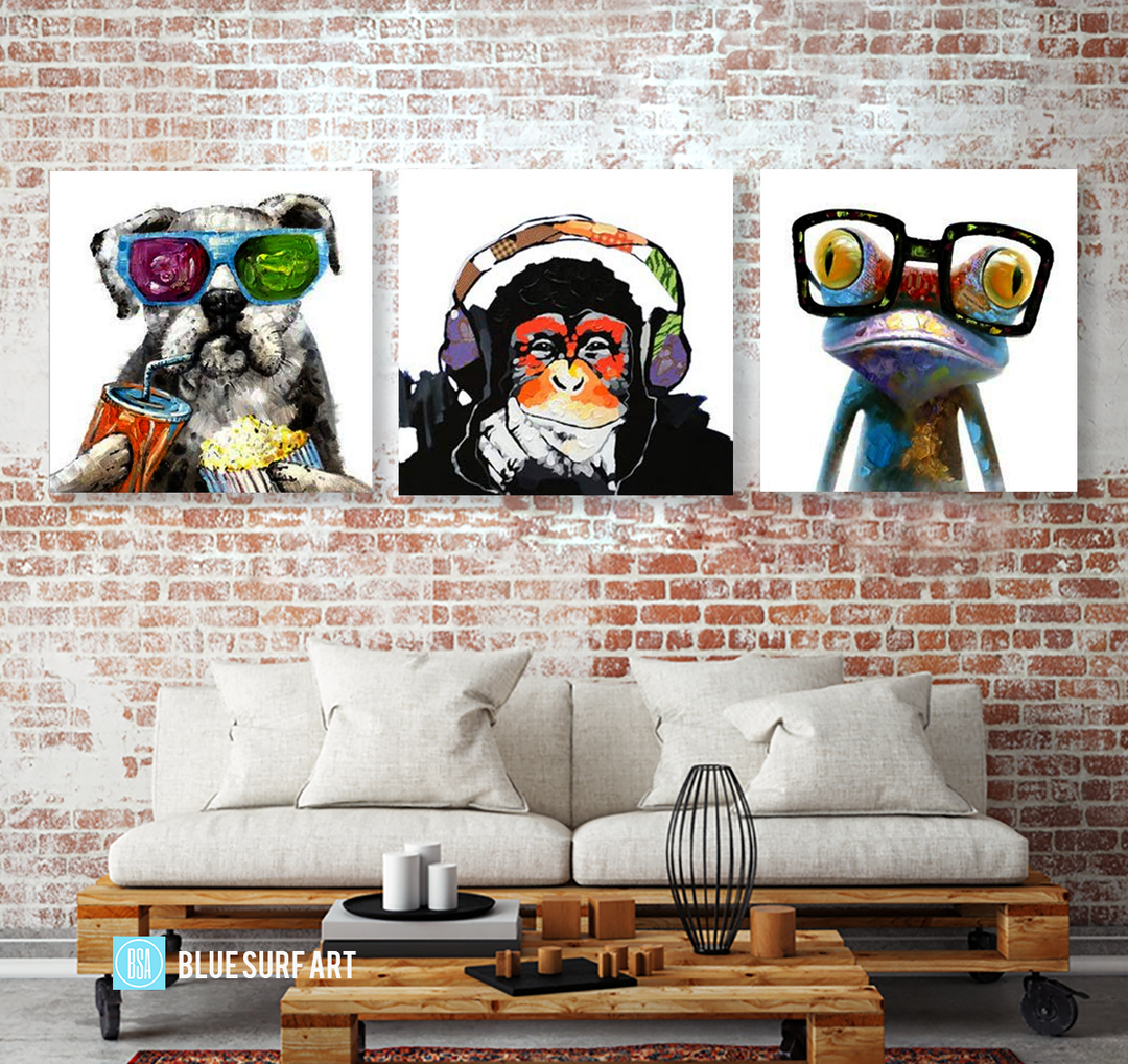 Frog Monkey and Puppy Wall Art Set 100% Hand Painted Oil Painting on Canvas - Wall Art Home Decor - living room decor