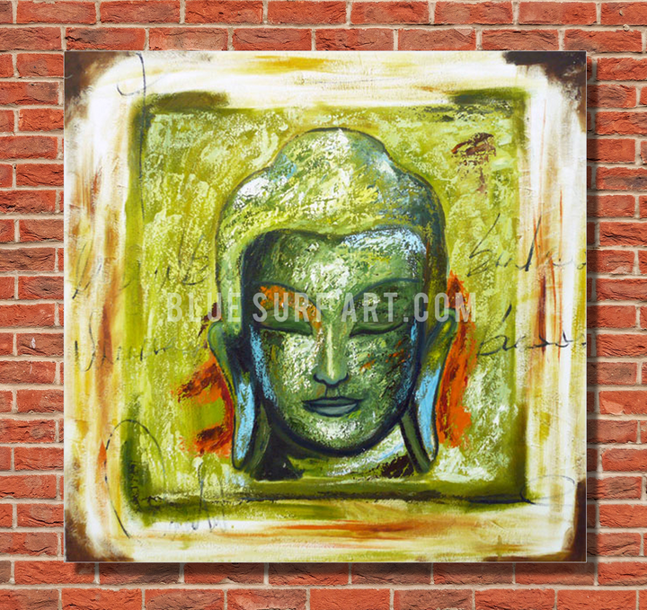 Rattanakosin Buddha Portrait Painting in Green with red bricks background 