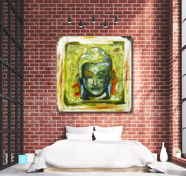 Rattanakosin Buddha Portrait Painting in Green in bedroom shot