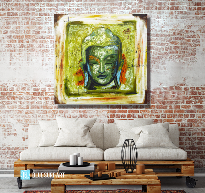 Rattanakosin Buddha Portrait Painting in Green with living room