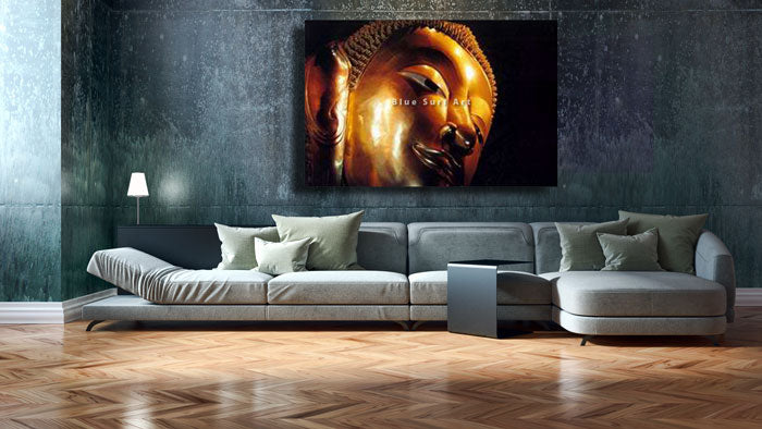 Modern comtemporary living room with a Reclining Buddha Oil Painting on Canvas by blue surf art 