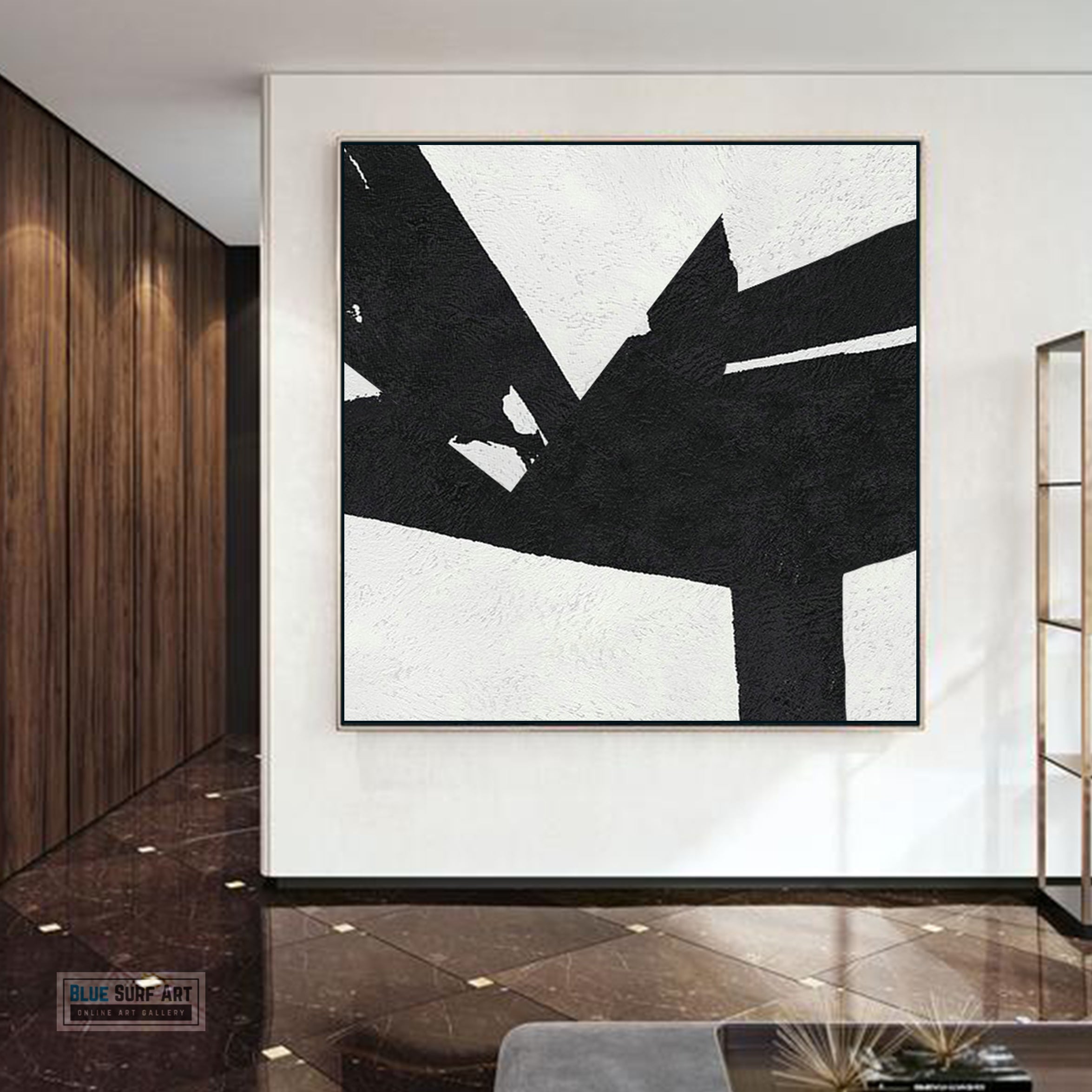 Large Abstract Painting, Black and White Minimal Square Canvas Art Painting, Flower Abstract Art 1