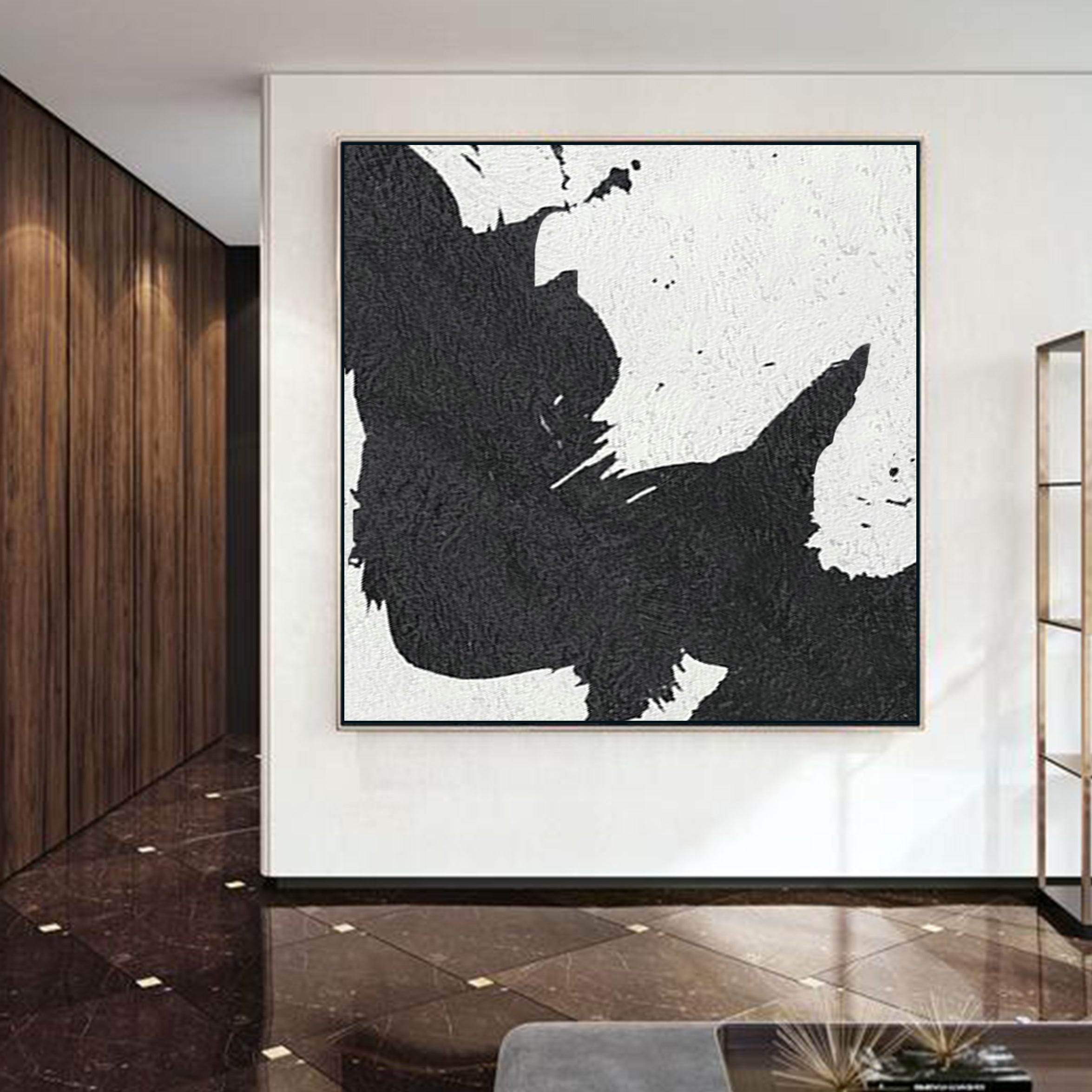 Abstract Painting, Black and White Minimal Square Canvas Art Painting, Textured Art 4