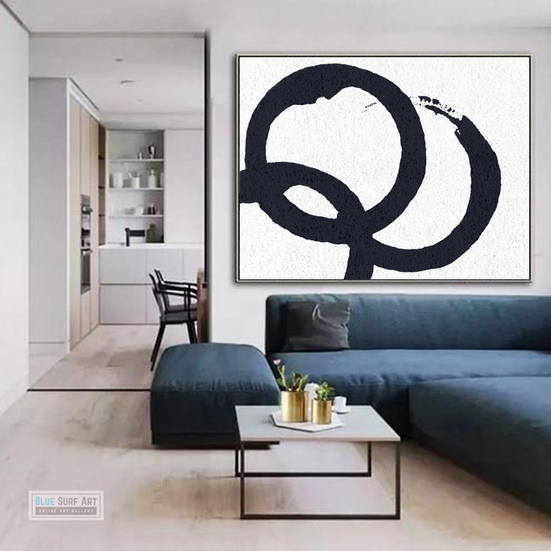 Oversized Circle Abstract Painting, Black and White Minimal Rectangle Canvas Art Painting 3