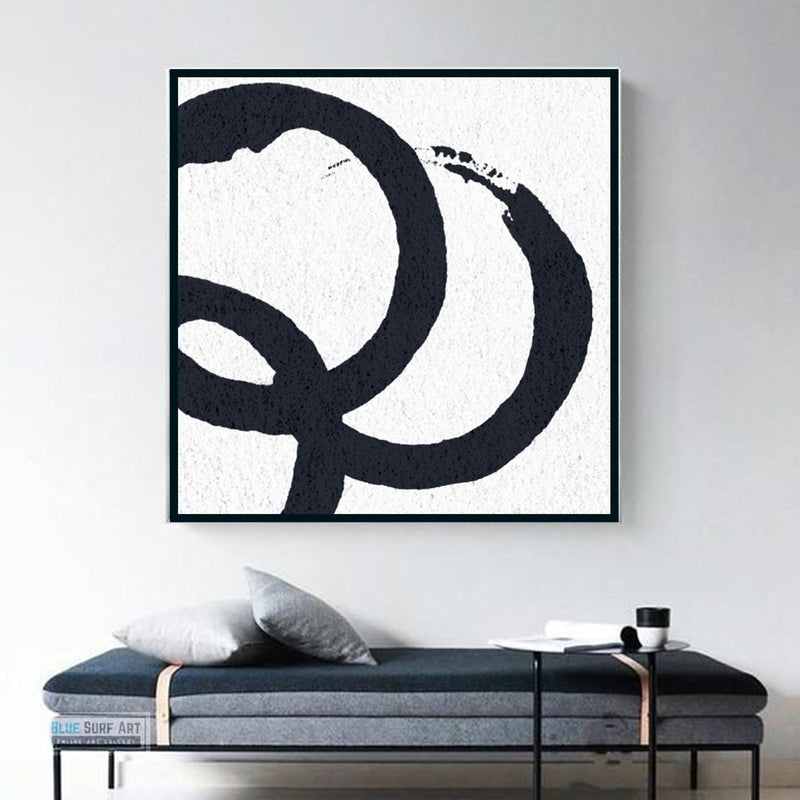 Oversized Circle Abstract Painting, Black and White Minimal Square Canvas Art Painting 1