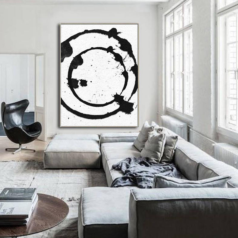 Modern Abstract Painting, Circle Splash Black & White Original Oil Painting - Living room