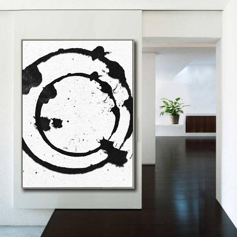 Modern Abstract Painting, Circle Splash Black & White Original Oil Painting - modern house