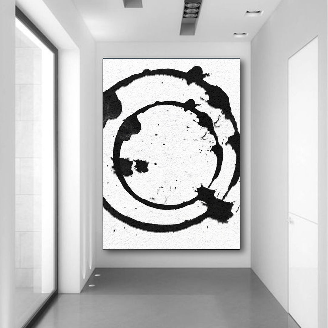 Modern Abstract Painting, Circle Splash Black & White Original Oil Painting - hall way