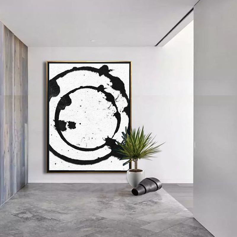 Modern Abstract Painting, Circle Splash Black & White Original Oil Painting - hall way
