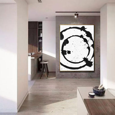 Modern Abstract Painting, Circle Splash Black & White Original Oil Painting - modern house