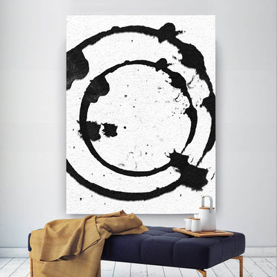 Modern Abstract Painting, Circle Splash Black & White Original Oil Painting - white wall