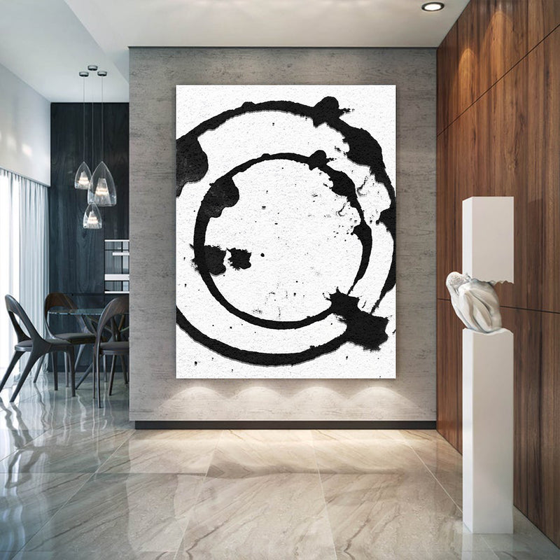 Modern Abstract Painting, Circle Splash Black & White Original Oil Painting - office decor