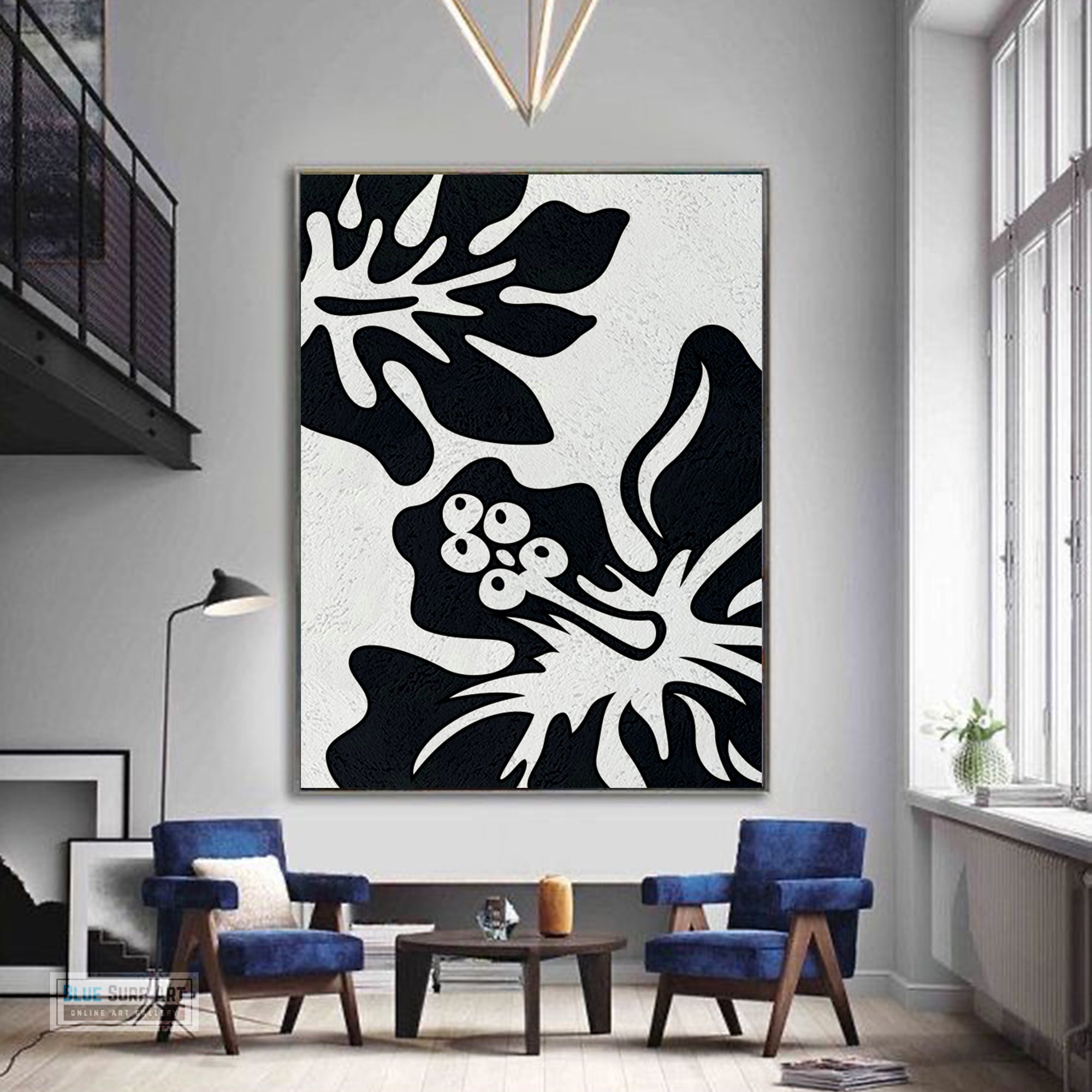 Oversized Black and White Abstract Canvas Wall Art, Original Oil Painting, Floral Living Room Wall Art Decor no. 28