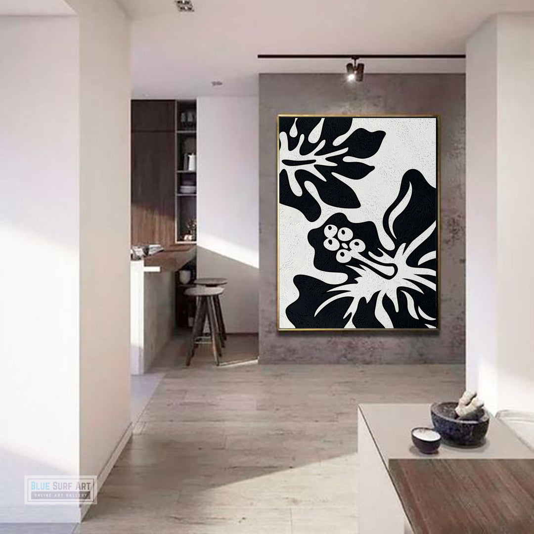 Oversized Black and White Abstract Canvas Wall Art, Original Oil Painting, Floral Living Room Wall Art Decor no. 28