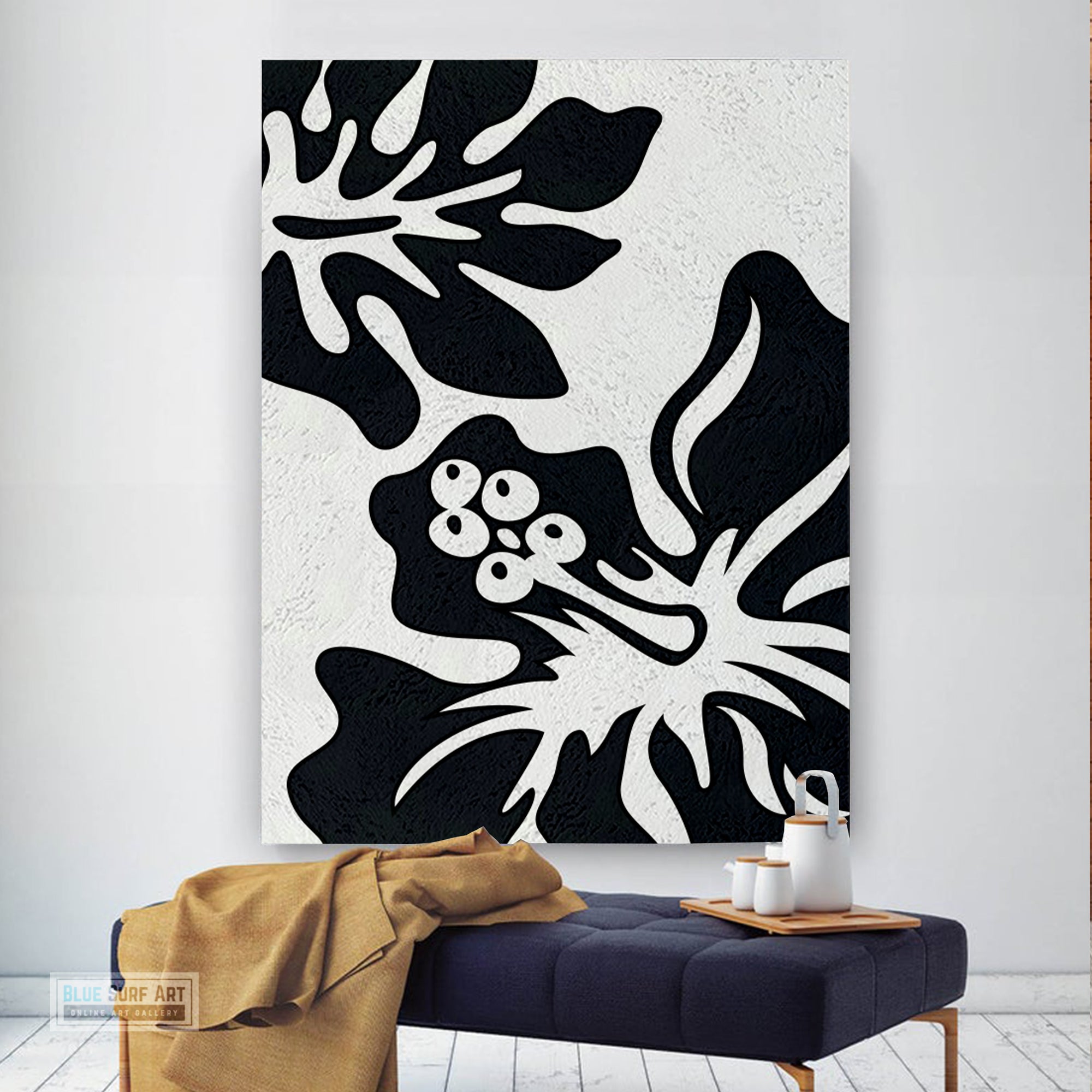 Oversized Black and White Abstract Canvas Wall Art, Original Oil Painting, Floral Living Room Wall Art Decor no. 28