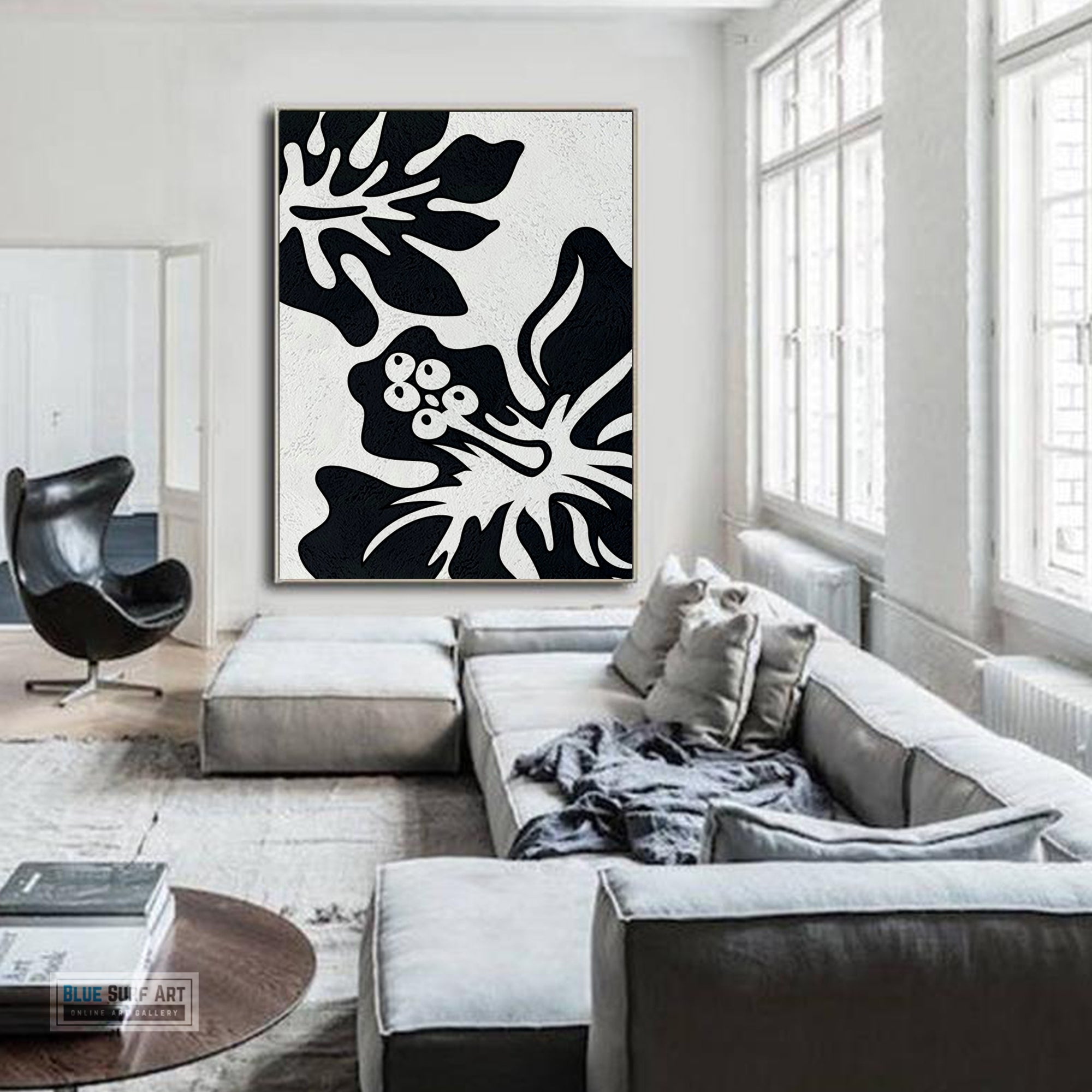 Oversized Black and White Abstract Canvas Wall Art, Original Oil Painting, Floral Living Room Wall Art Decor no. 28