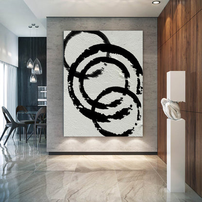 Modern Circle Abstract Canvas Wall Art, Original Oil Painting, Black and White Living Room Wall Art Decor no. 34
