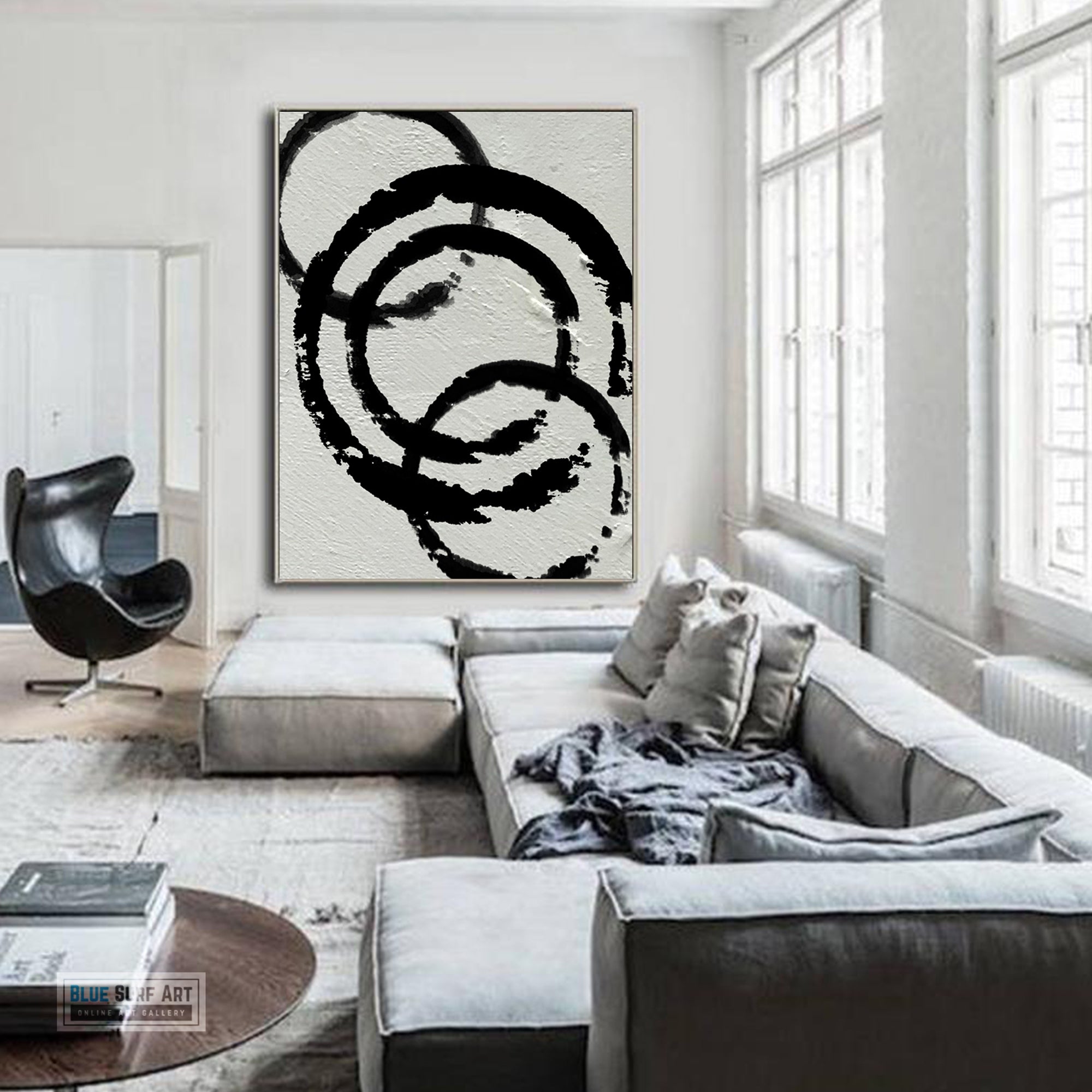 Modern Circle Abstract Canvas Wall Art, Original Oil Painting, Black and White Living Room Wall Art Decor no. 34