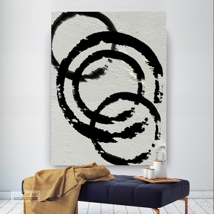 Modern Circle Abstract Canvas Wall Art, Original Oil Painting, Black and White Living Room Wall Art Decor no. 34