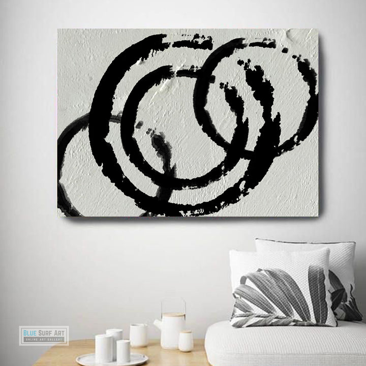 Modern Circle Abstract Canvas Wall Art, Original Oil Painting, Black and White Living Room Wall Art Decor no. 34