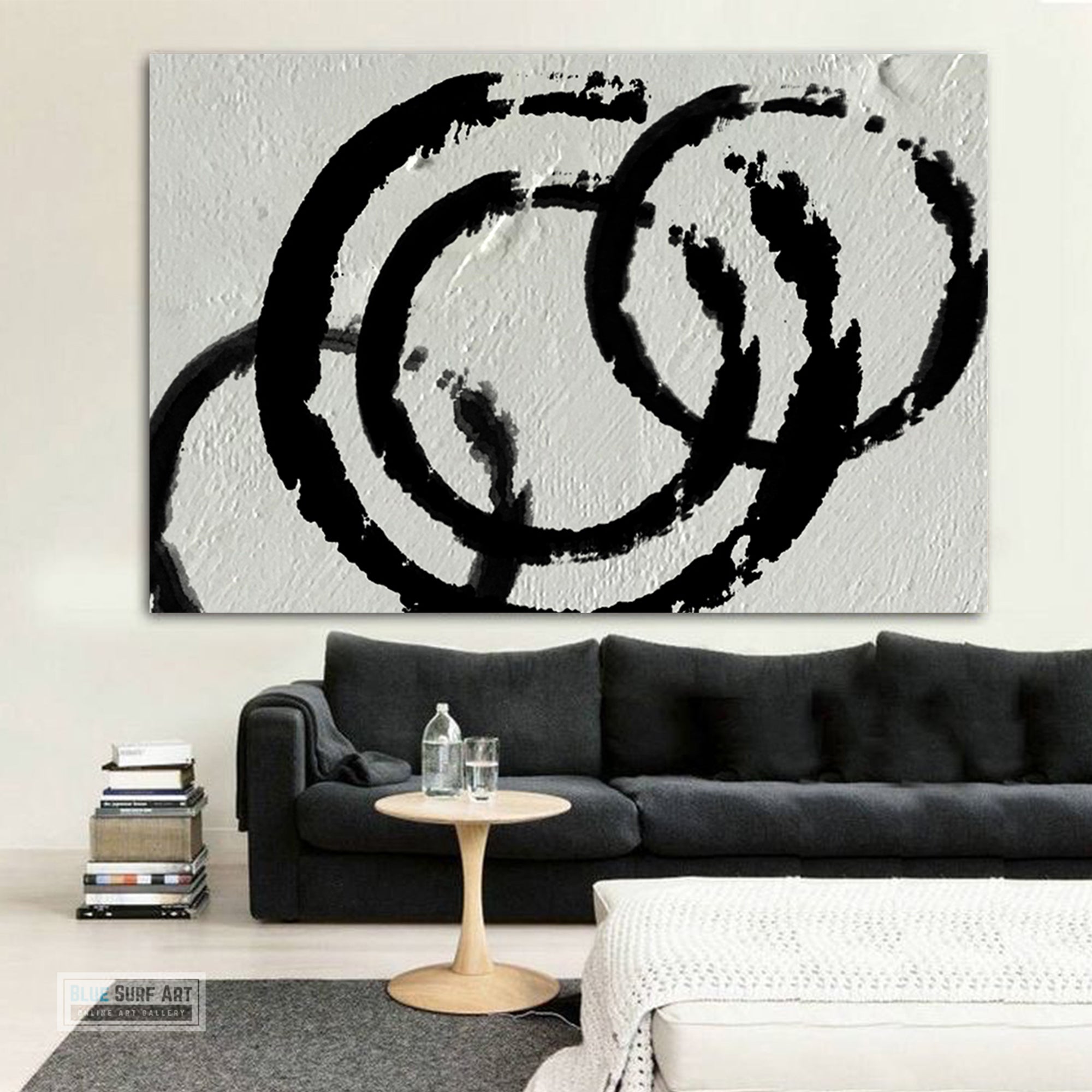 Modern Circle Abstract Canvas Wall Art, Original Oil Painting, Black and White Living Room Wall Art Decor no. 34