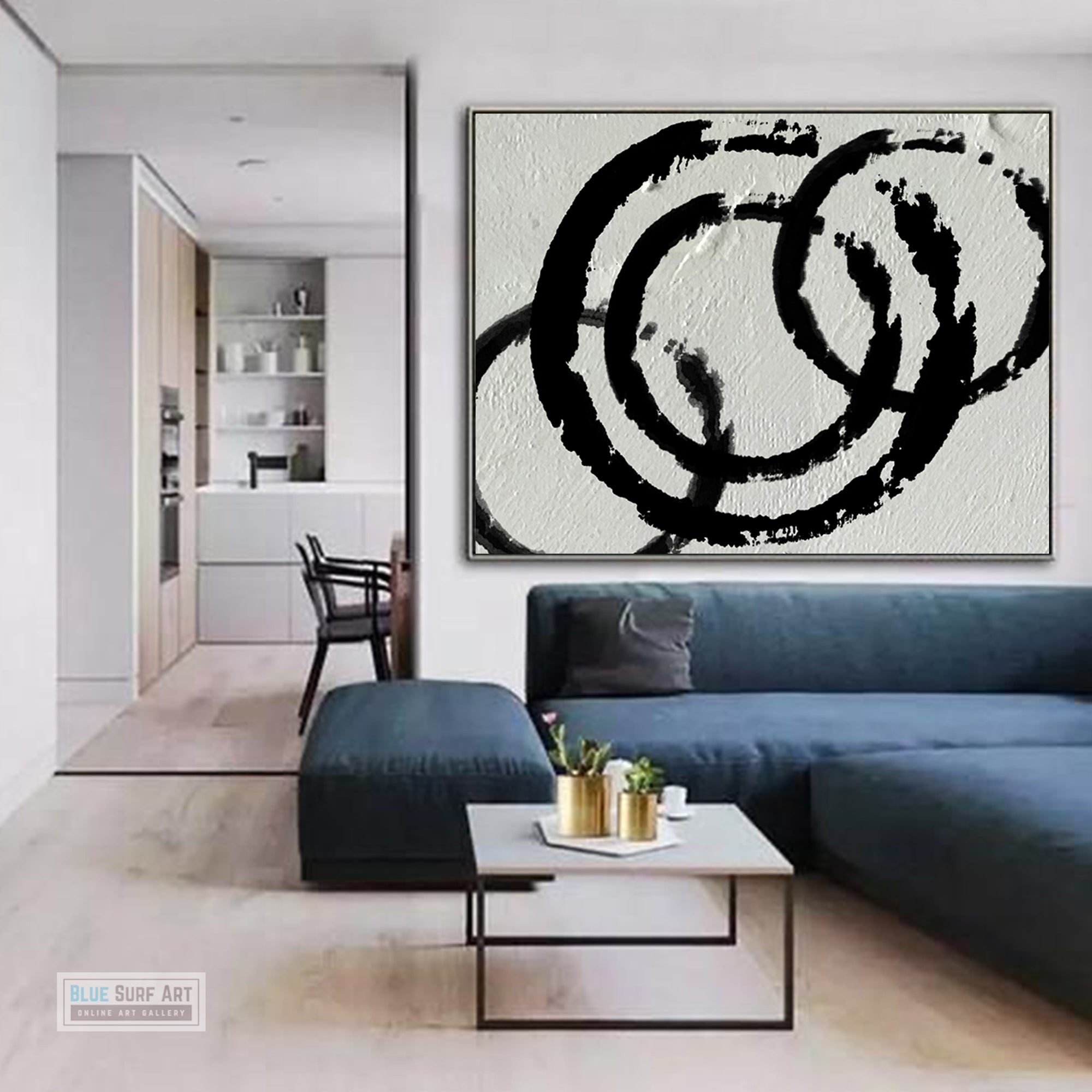Modern Circle Abstract Canvas Wall Art, Original Oil Painting, Black and White Living Room Wall Art Decor no. 34