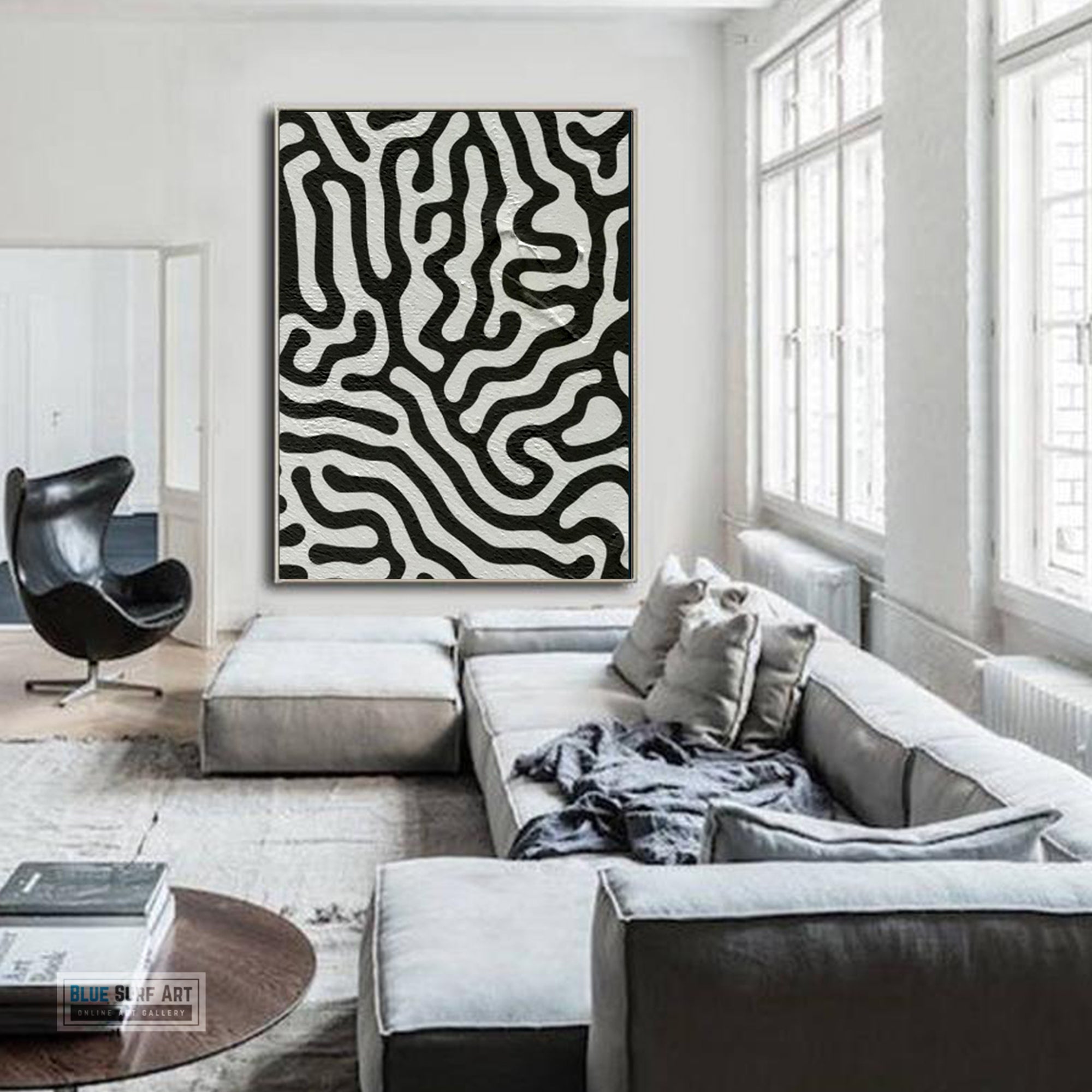Large Abstract Canvas Wall Art, Original Oil Painting, Black and White Living Room Wall Art Decor no. 35