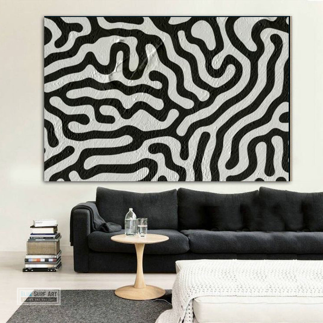 Large Abstract Canvas Wall Art, Original Oil Painting, Black and White Living Room Wall Art Decor no. 35