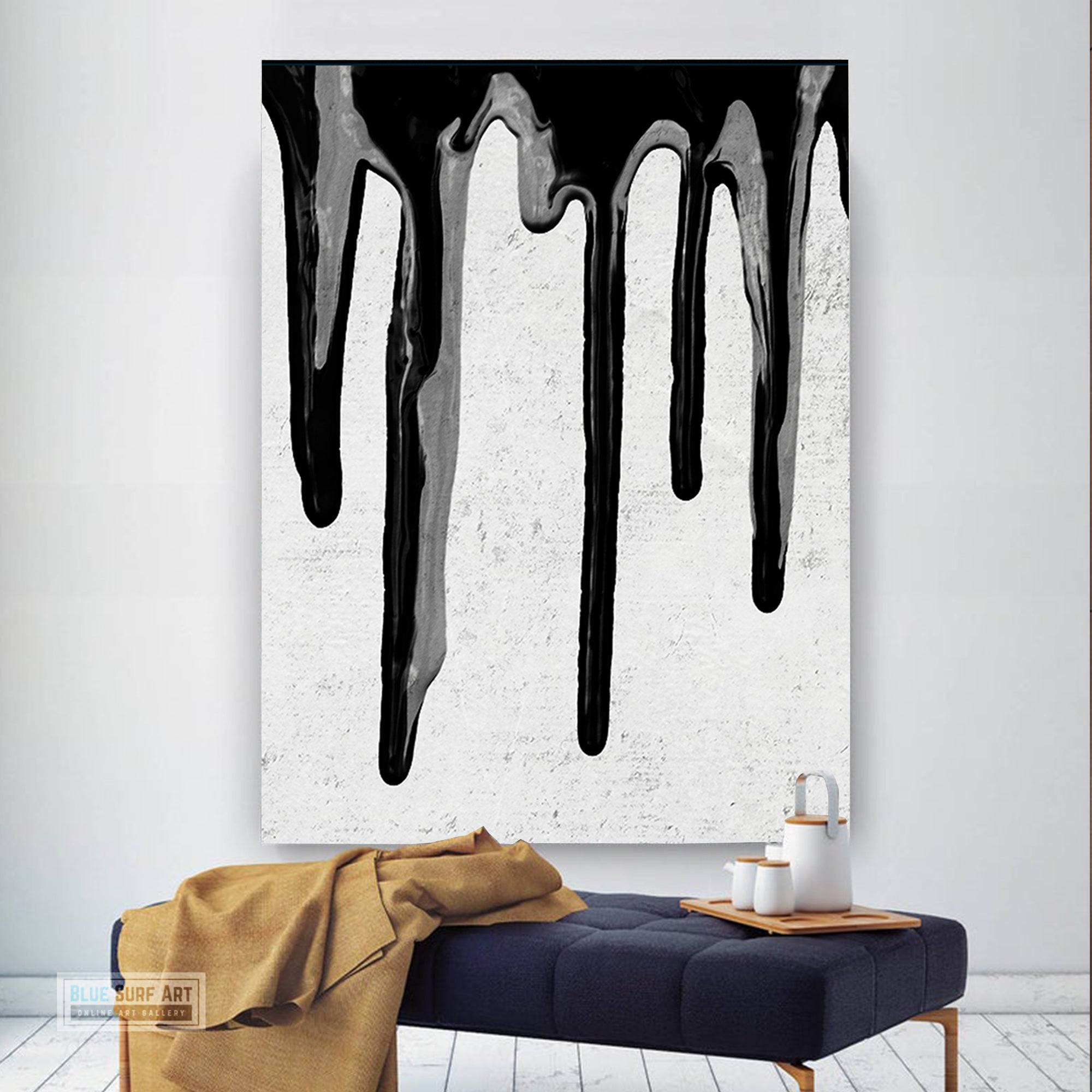 Large Dripping Abstract Canvas Wall Art, Original Oil Painting, Black and White Living Room Wall Art Decor no. 40