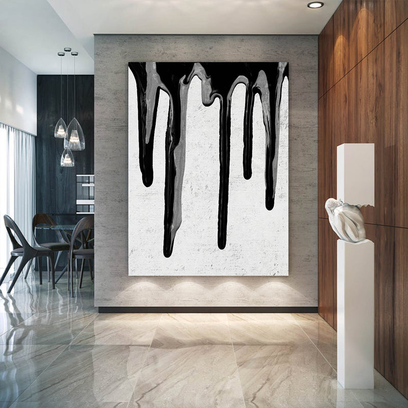 Large Dripping Abstract Canvas Wall Art, Original Oil Painting, Black and White Living Room Wall Art Decor no. 40