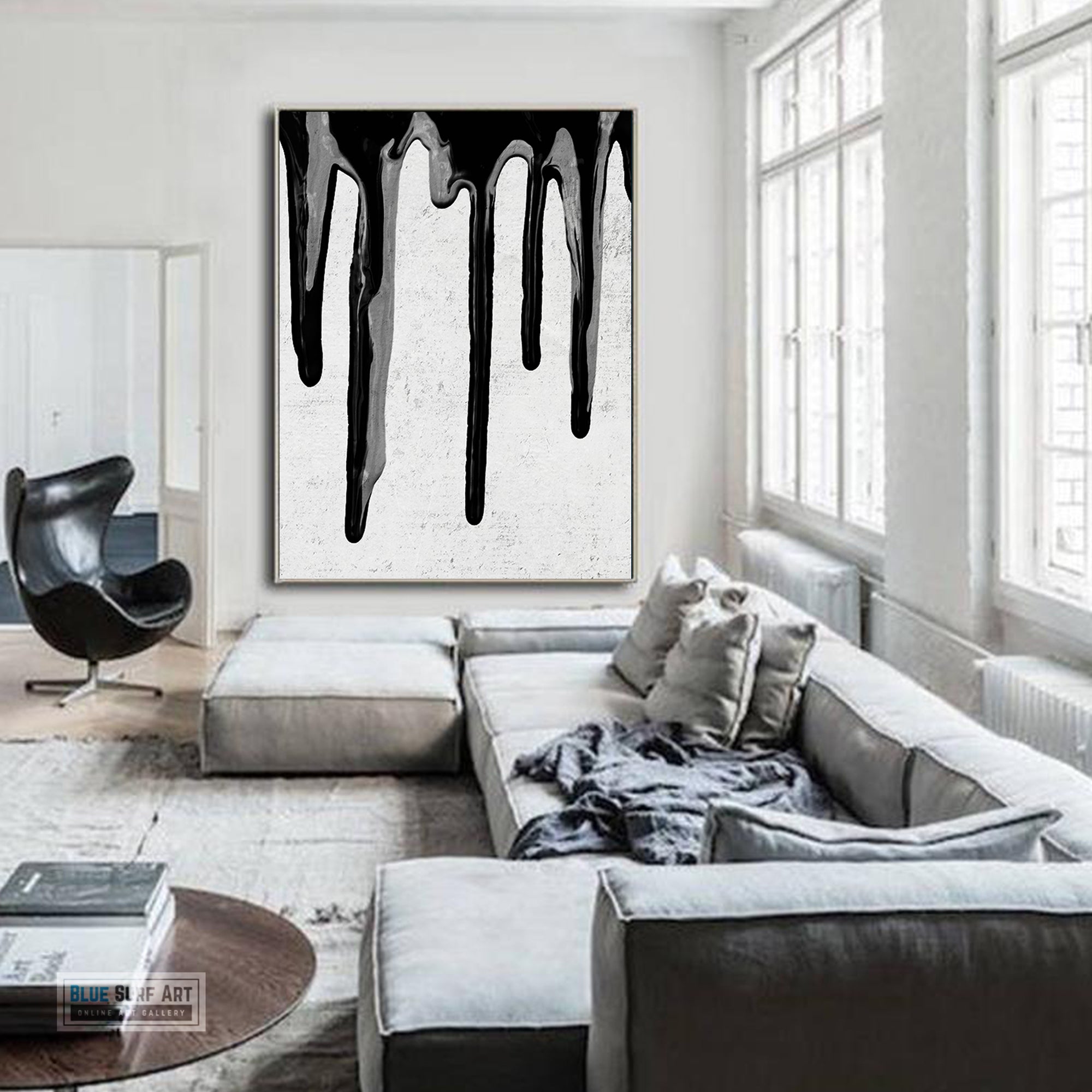 Large Dripping Abstract Canvas Wall Art, Original Oil Painting, Black and White Living Room Wall Art Decor no. 40