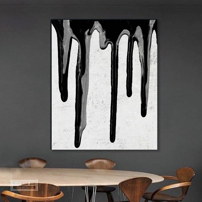 Large Dripping Abstract Canvas Wall Art, Original Oil Painting, Black and White Living Room Wall Art Decor no. 40