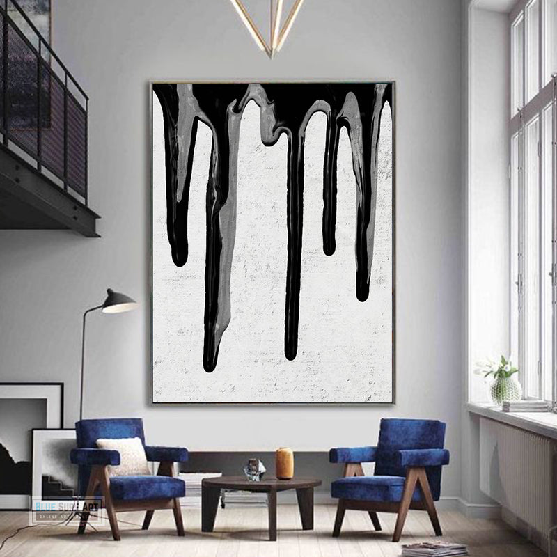 Large Dripping Abstract Canvas Wall Art, Original Oil Painting, Black and White Living Room Wall Art Decor no. 40