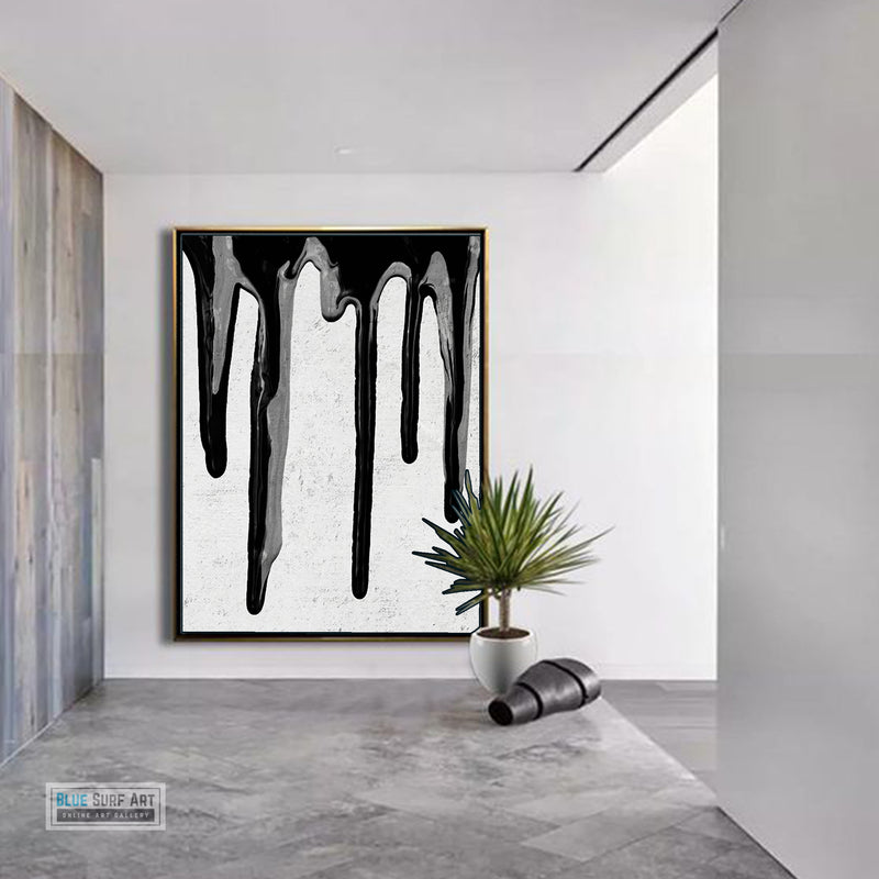 Large Dripping Abstract Canvas Wall Art, Original Oil Painting, Black and White Living Room Wall Art Decor no. 40