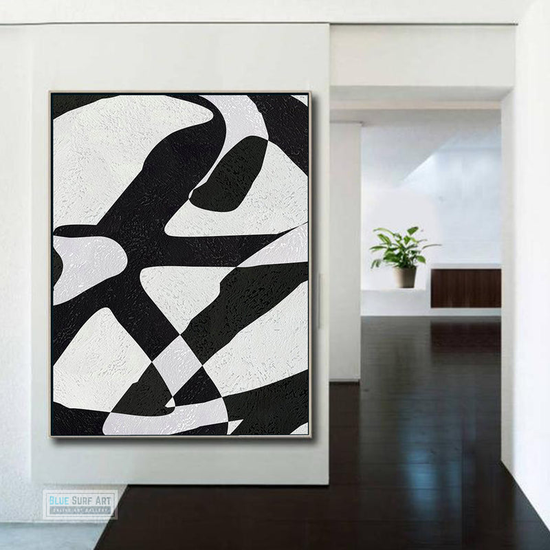 Modern Abstract Canvas Wall Art, Original Oil Painting, Modern Illusion Black and White Living Room Wall Art Decor no. 57
