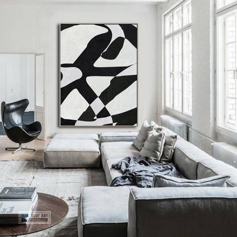 Modern Abstract Canvas Wall Art, Original Oil Painting, Modern Illusion Black and White Living Room Wall Art Decor no. 57