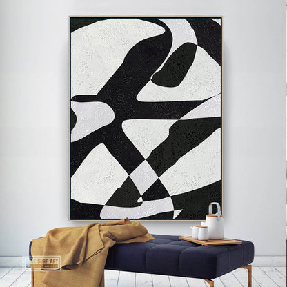 Modern Abstract Canvas Wall Art, Original Oil Painting, Modern Illusion Black and White Living Room Wall Art Decor no. 57