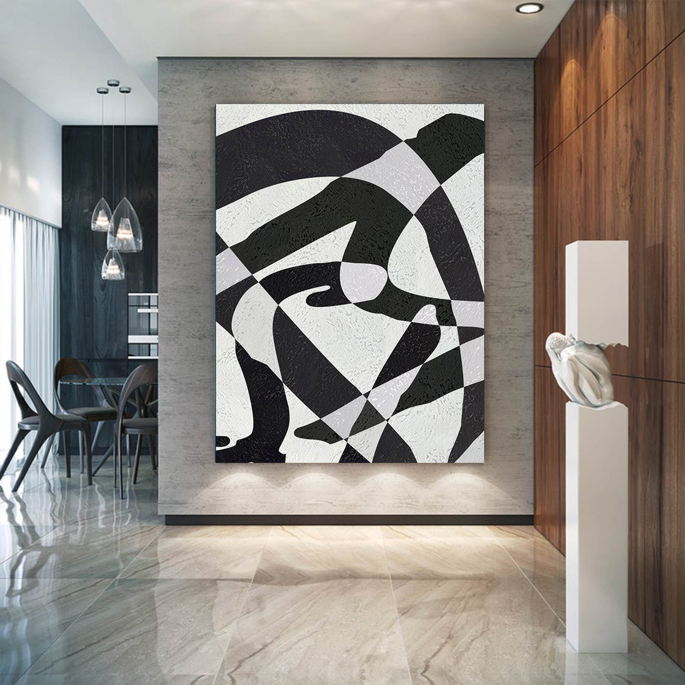 Modern Illusion Abstract Canvas Wall Art, Original Oil Painting, Black and White Living Room Wall Art Decor no. 58