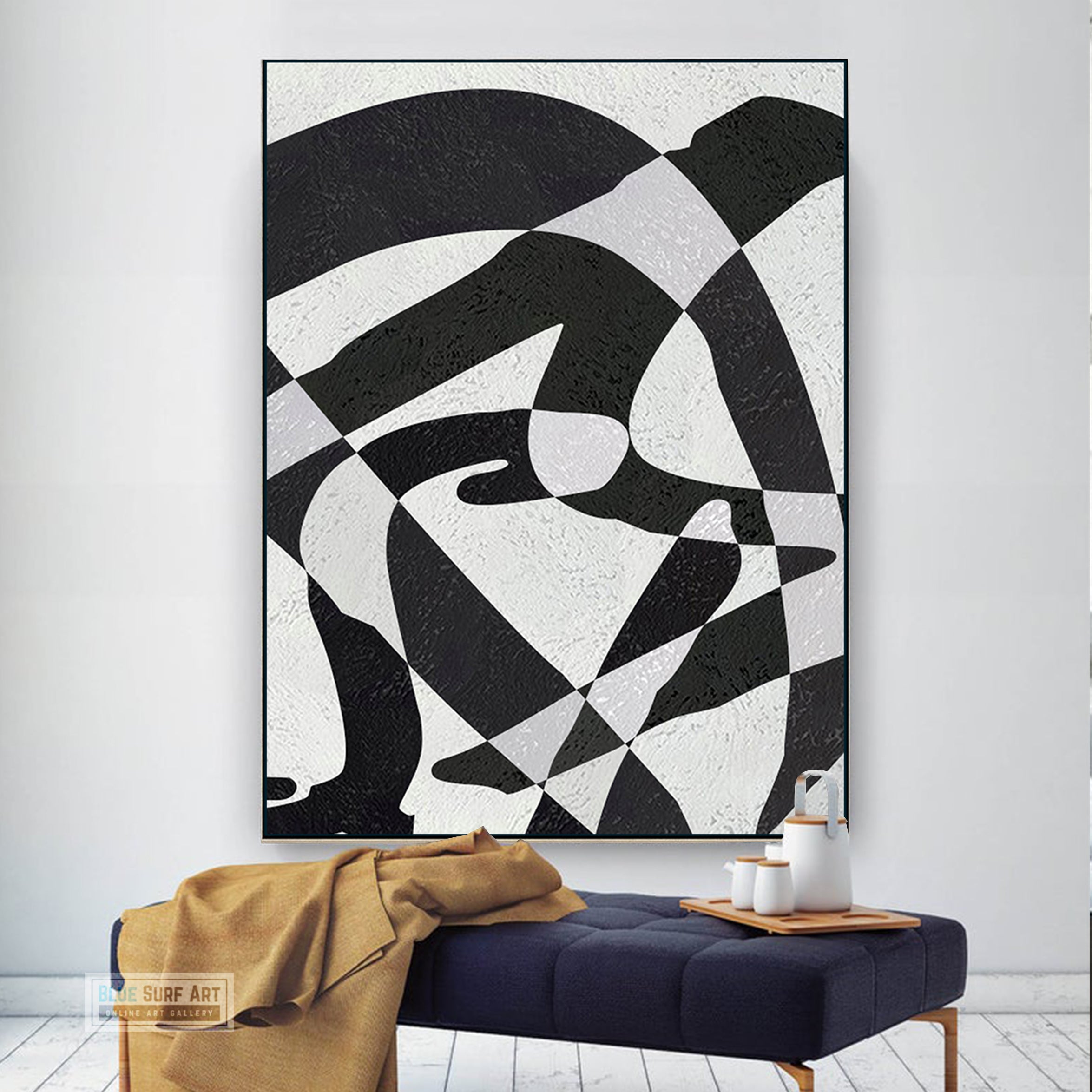 Modern Illusion Abstract Canvas Wall Art, Original Oil Painting, Black and White Living Room Wall Art Decor no. 58