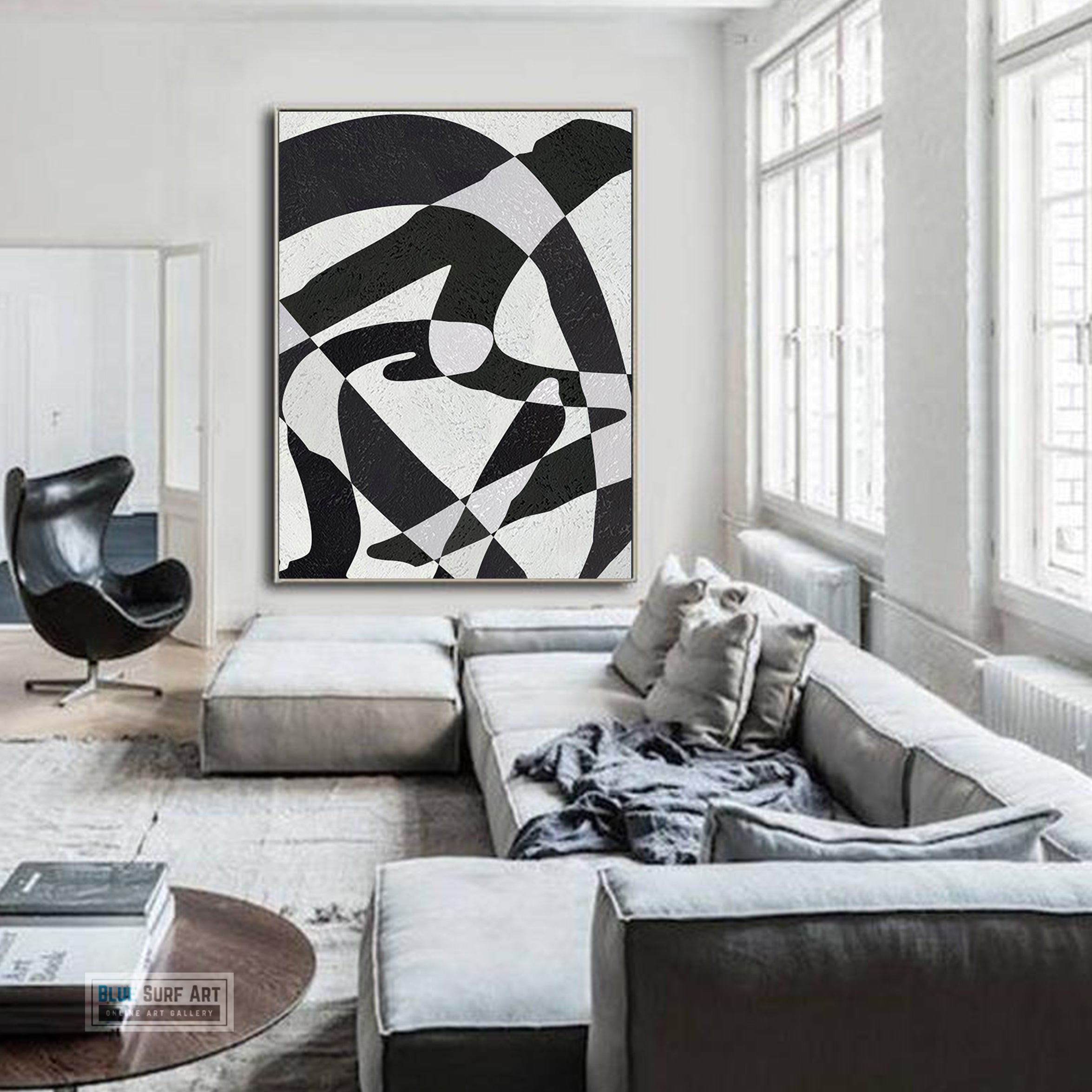 Modern Illusion Abstract Canvas Wall Art, Original Oil Painting, Black and White Living Room Wall Art Decor no. 58